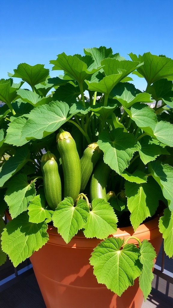 Growing Zucchini in Pots: A Complete Guide Container garden with healthy zucchini plants in a pot on a sunny balcony.